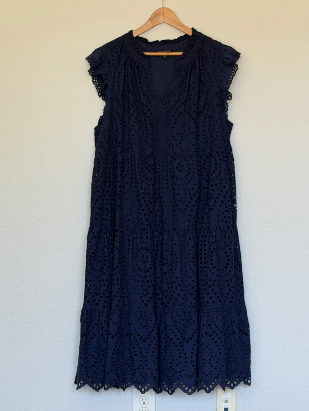 Skies are Blue Navy cotton eyelet tiered midi dress 2XL